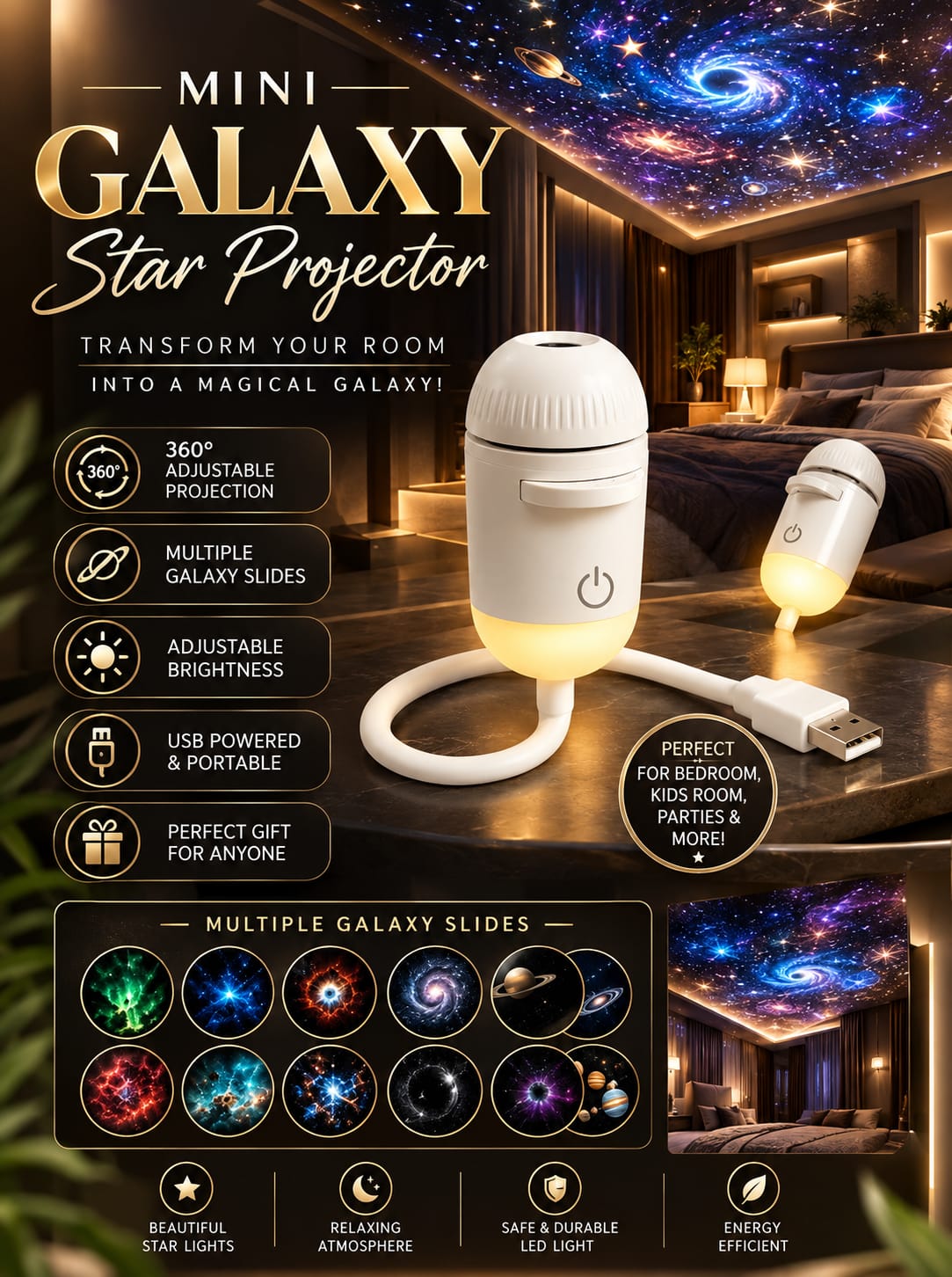 Moon Roof Light with Galaxy 6 Lens - USB Car & Room Projector
